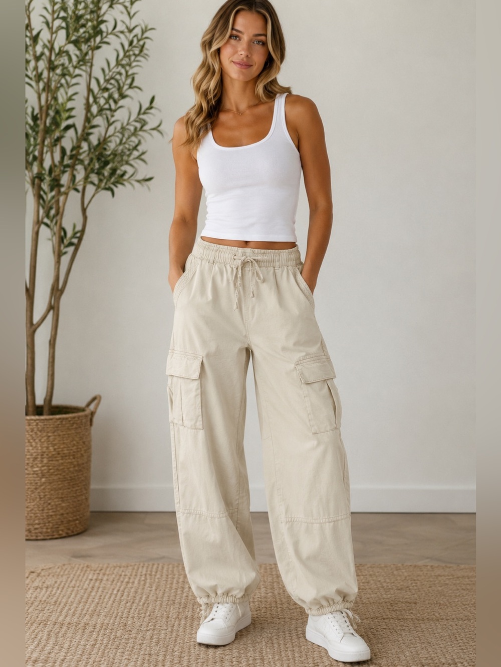 Habitual Wide Leg Cargo Pants in Cream